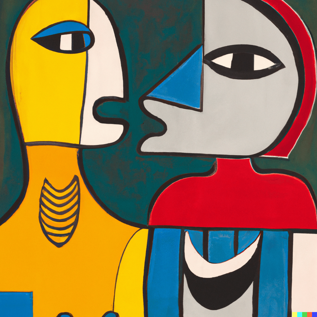 Hmmmm! Mitä on rakkaus? Mitä on rohkeus? Mitä on oikeudenmukaisuus? Voiko rikas olla myös hyvä? Mitä tieto on ja miten se eroaa uskomuksesta? (DALL-E painting of Socrates and his idea of dialogue by the style of Picasso)